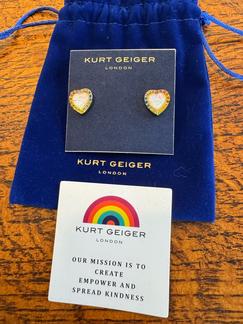 NWT Kurt Geiger Opal Heart Stud Earrings w/Rainbow Crystals & Dust Bag